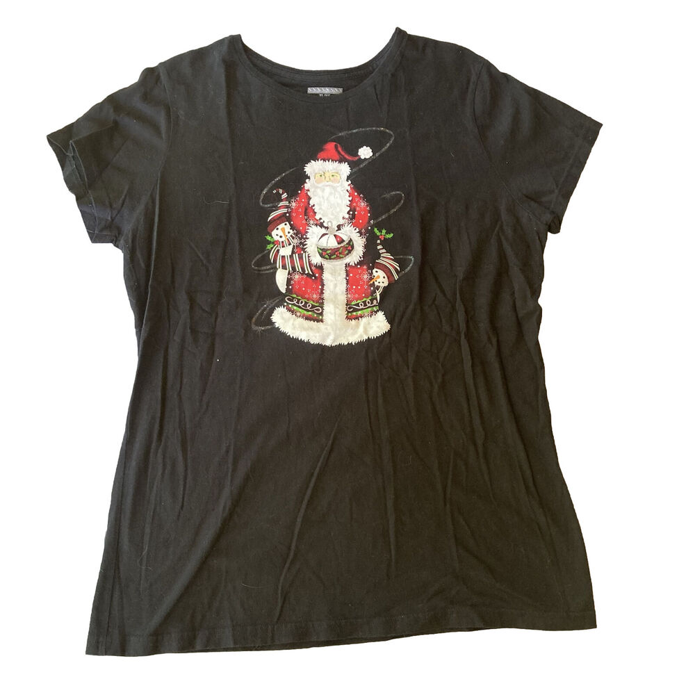 Christmas T-Shirt Sz XL Santa Top Black Short Sleeve Graphic Festive Xmas Snow